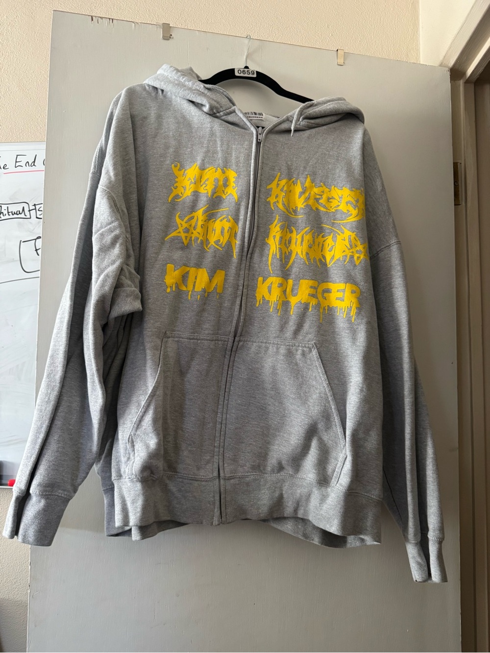 Kim Krueger Gray zip up hoodie with yellow text